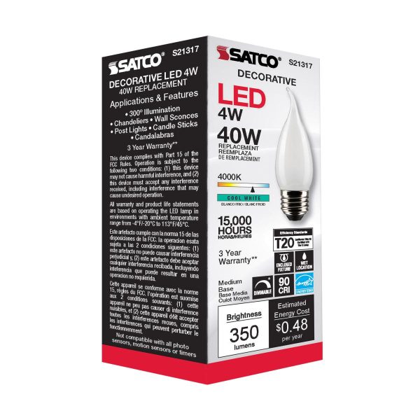 Satco 4w CA10 LED 4000K Medium Base Frosted Dimmable - 40w equiv Cheap