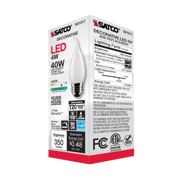 Satco 4w CA10 LED 4000K Medium Base Frosted Dimmable - 40w equiv Cheap