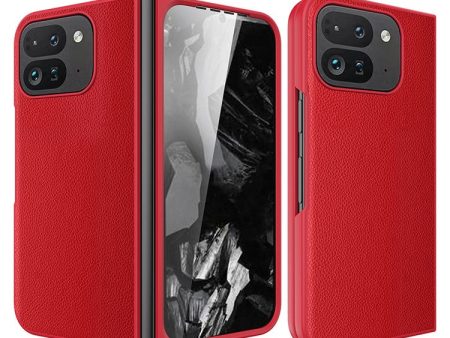 Google Pixel Fold 2 Case Litchi Texture Leather+Bump Resistant Phone Cover with Tempered Glass Film - Red Cheap