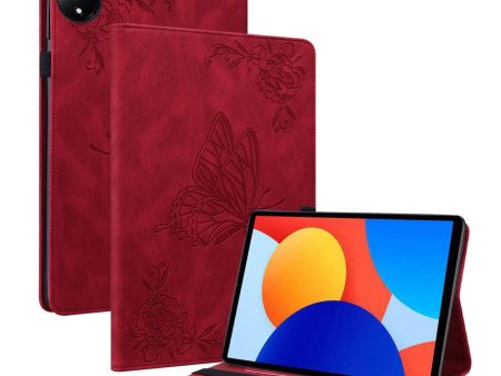 Xiaomi Redmi Pad SE 4G 8.7 inch Case Butterfly Flower Imprint Vegan Leather Tablet Cover with Card Slots - Red Hot on Sale