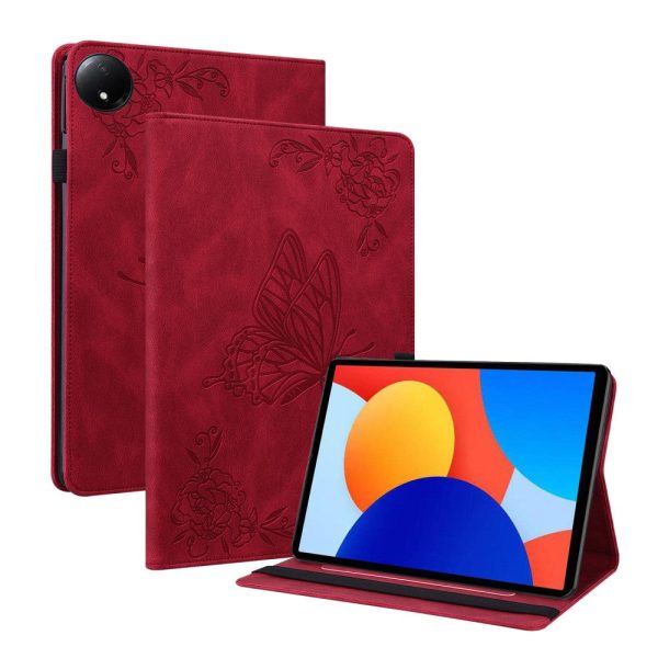 Xiaomi Redmi Pad SE 4G 8.7 inch Case Butterfly Flower Imprint Vegan Leather Tablet Cover with Card Slots - Red Hot on Sale