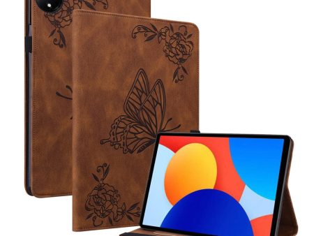 Xiaomi Redmi Pad SE 4G 8.7 inch Case Butterfly Flower Imprint Vegan Leather Tablet Cover with Card Slots - Brown For Cheap