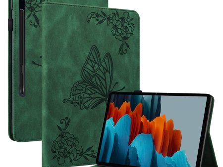 Samsung Galaxy Tab S9   S9 FE Leather Stand Cover with Butterfly Flower Imprint, Card Holder - Green Supply