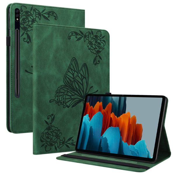 Samsung Galaxy Tab S9   S9 FE Leather Stand Cover with Butterfly Flower Imprint, Card Holder - Green Supply