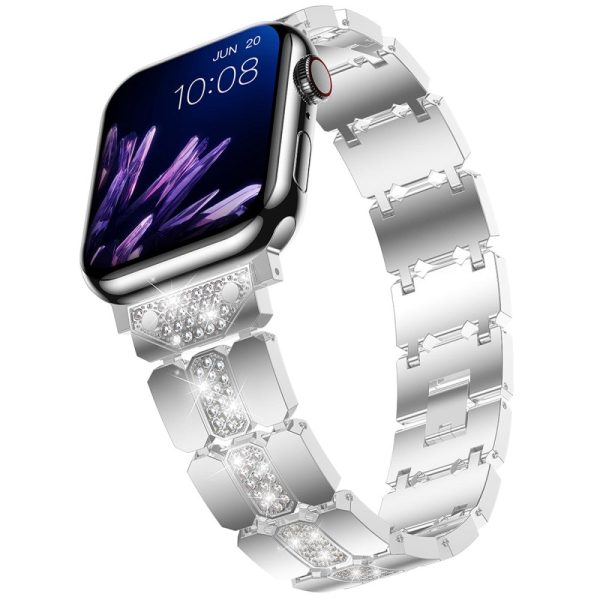 Zinc Alloy Band for Apple Watch Series 49mm - 45mm - 44mm - 42mm Rhinestones Decor Strap - Silver Online Sale