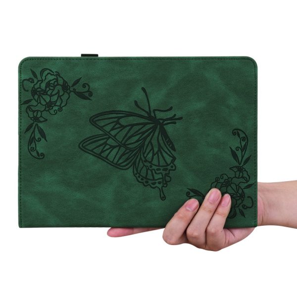 Samsung Galaxy Tab S9   S9 FE Leather Stand Cover with Butterfly Flower Imprint, Card Holder - Green Supply