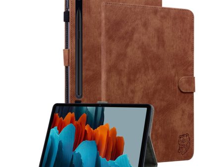 Samsung Galaxy Tab S9 S9 FE Stand Folio Tablet Case Brown Leather Cover with Cute Tiger Pattern and Card Holder on Sale