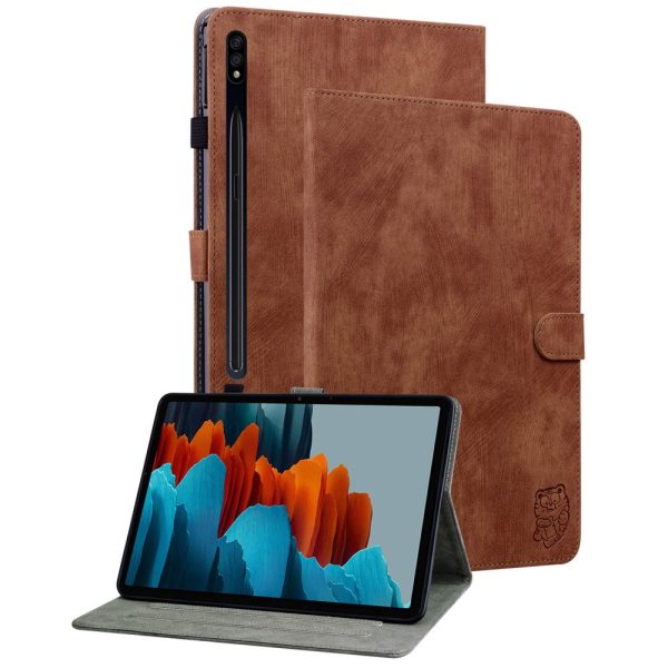 Samsung Galaxy Tab S9 S9 FE Stand Folio Tablet Case Brown Leather Cover with Cute Tiger Pattern and Card Holder on Sale