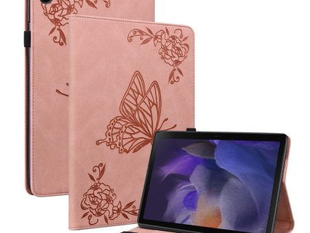 Pink leather tablet case for Samsung Galaxy Tab A9 Plus with card holder and butterfly flower imprint Online Sale