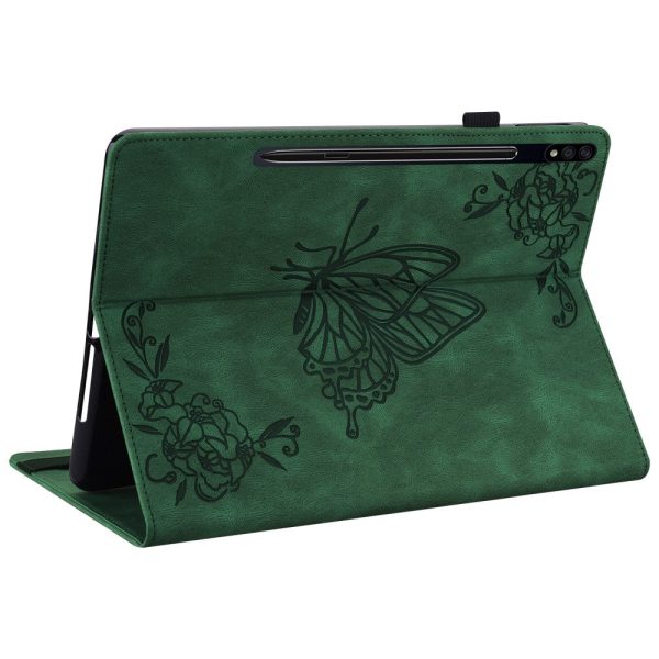 Samsung Galaxy Tab S9   S9 FE Leather Stand Cover with Butterfly Flower Imprint, Card Holder - Green Supply